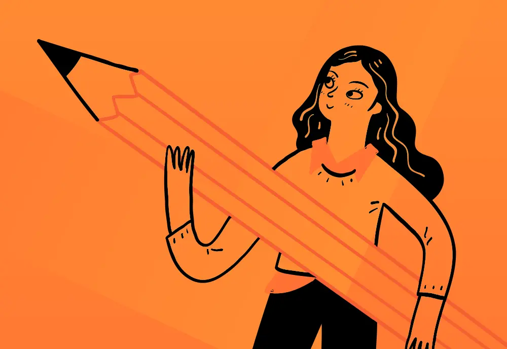 collab copy Illustrated doodle of a woman holding a giant pencil