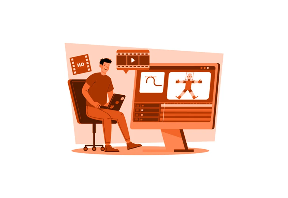Motion Design blog cover Orange illustration of man editing motion graphics